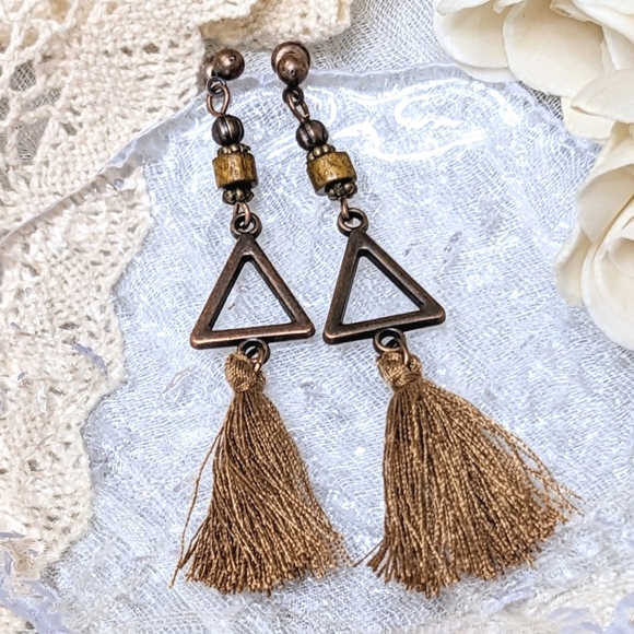 Dear Closet, Love Fifi Jewelry - DCLF Beaded Bronze Boho Triangle Tassel Chandelier Lightweight Dangle Earrings